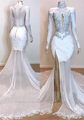 2025 White Long Sleeve High Neck Lace and Tulle Side Slit Mermaid Prom Dresses